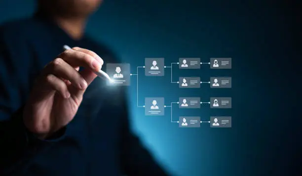 A person stands in a dark setting, pointing with a pen to a glowing digital organizational chart. The chart displays multiple hierarchical avatar icons.